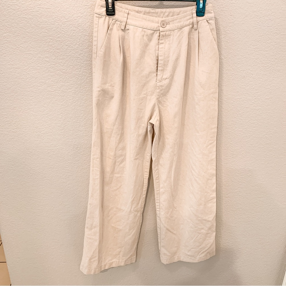 CIDER Linen Pants Trousers Beige High Waist Wide Leg Pleated Size Medium 28